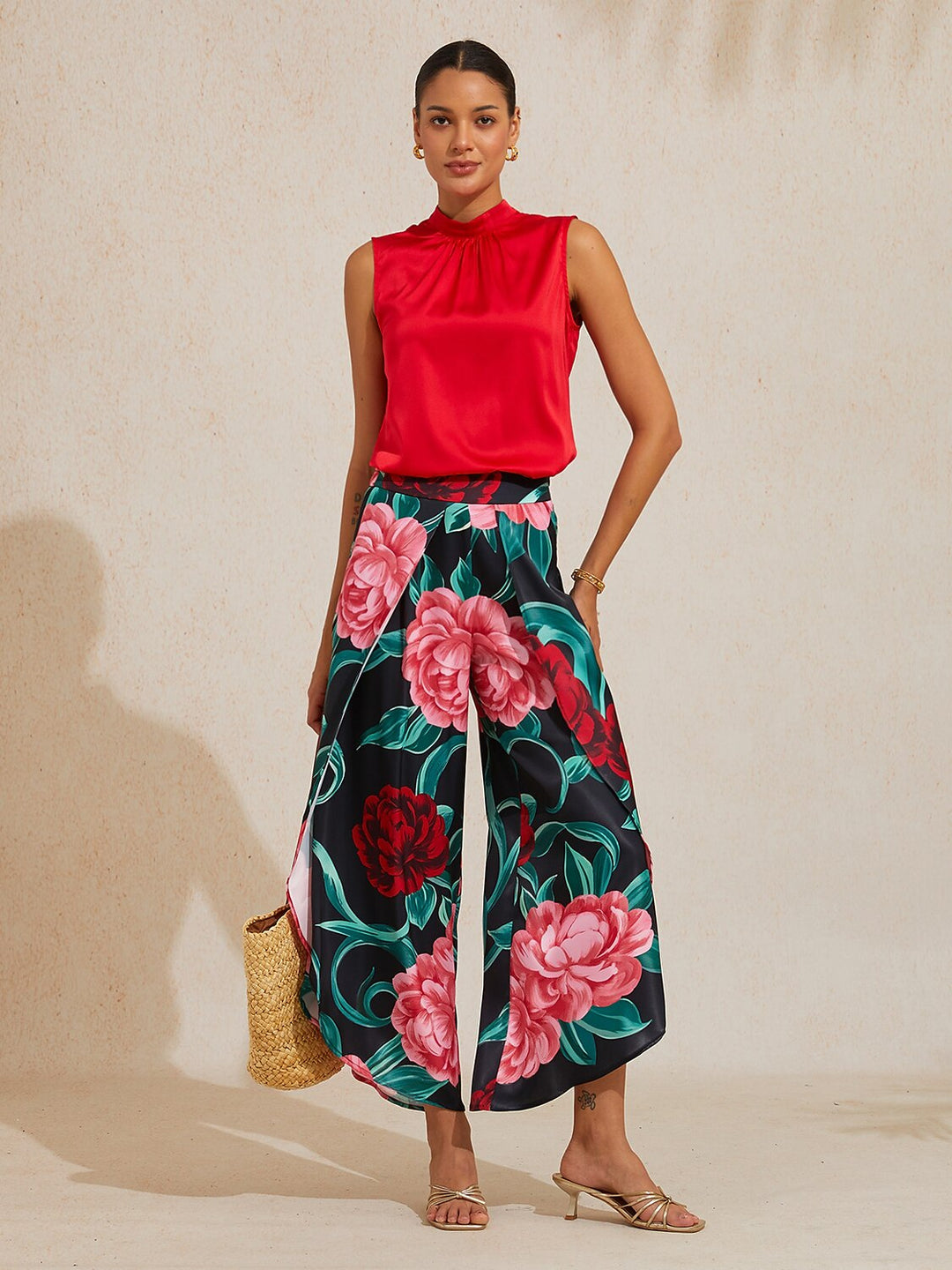Hawaii Palm Silky Satin Floral Pants