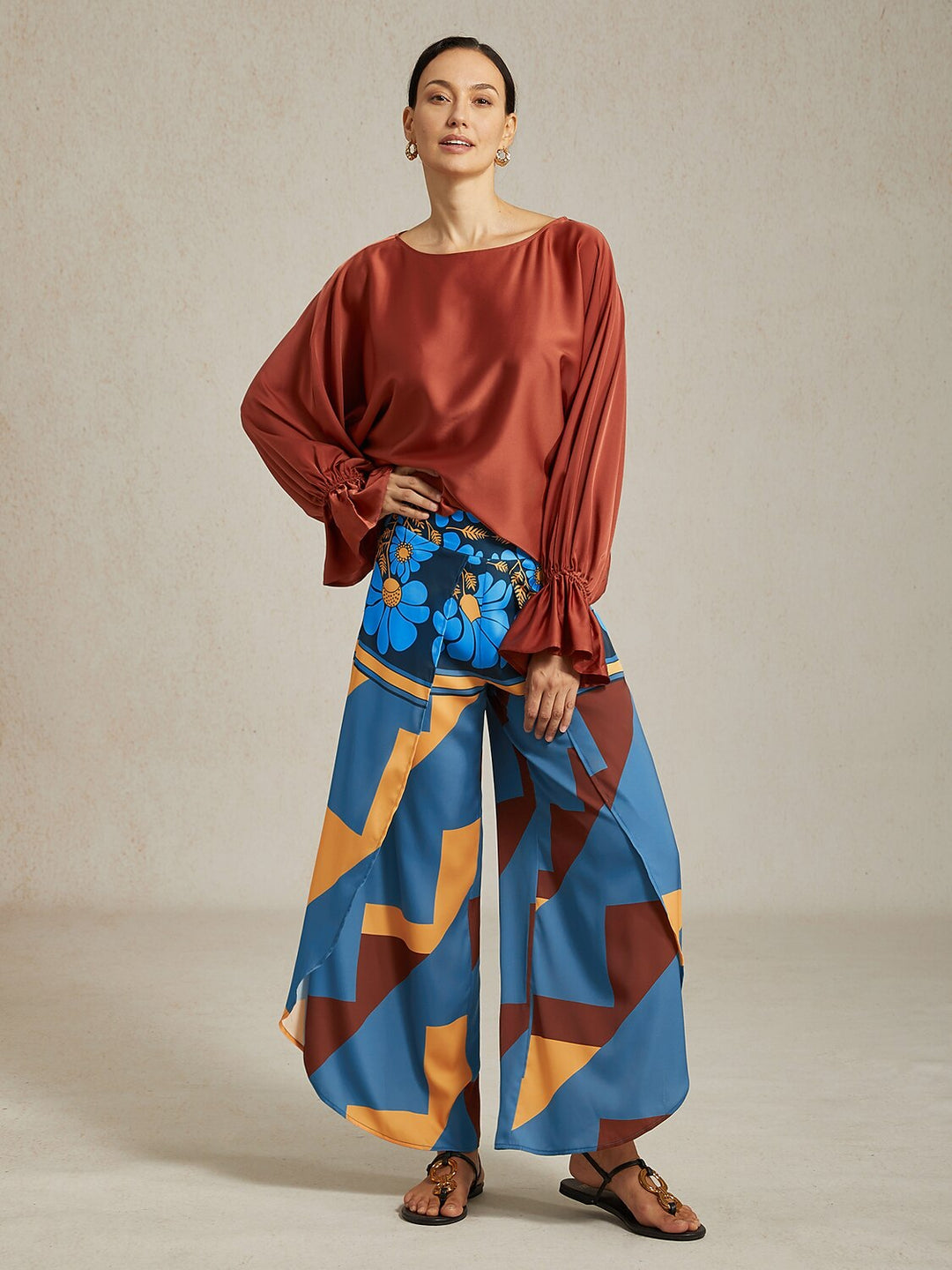 Hawaii Palm Silky Satin Floral Pants