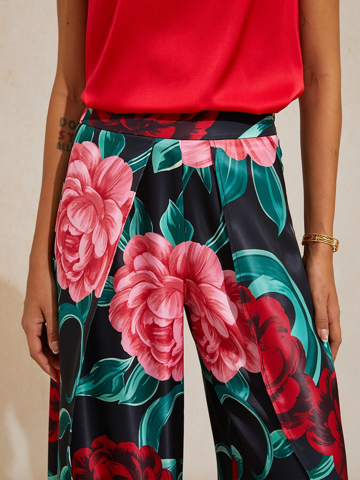 Hawaii Palm Silky Satin Floral Pants