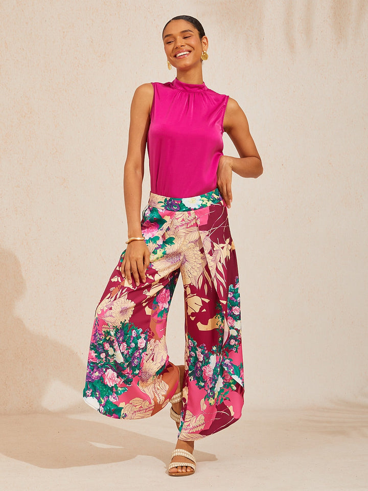 Hawaii Palm Silky Satin Floral Pants