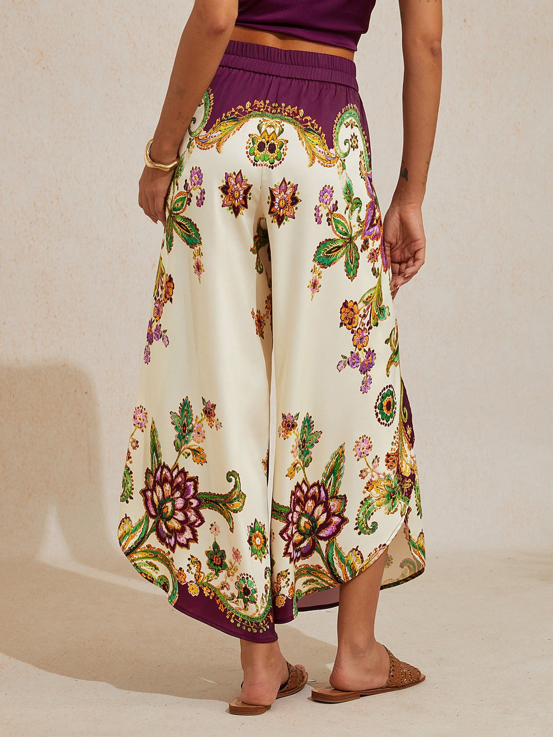 Hawaii Palm Silky Satin Floral Pants