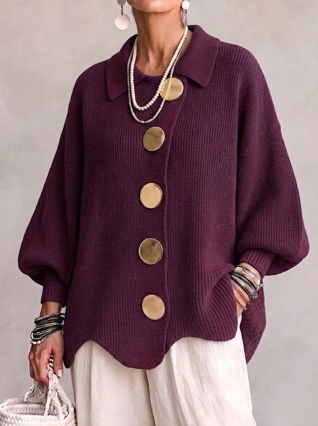 Isadora | Oversized Collared Cardigan With Large Metal Buttons