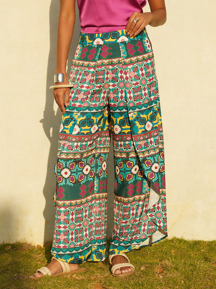 Hawaii Palm Silky Satin Floral Pants