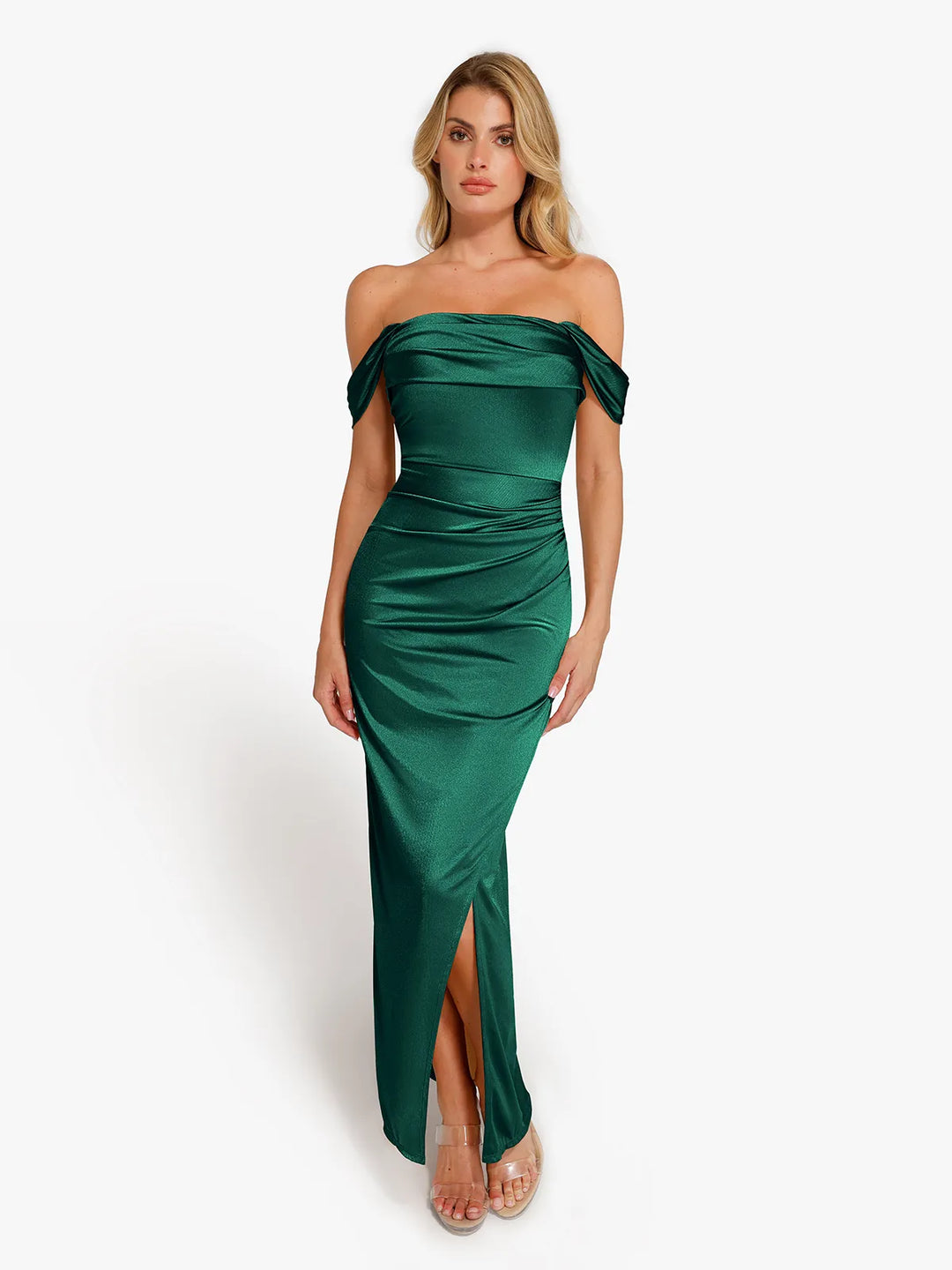 Shapewear Off Shoulder Shine Ruched Sculpting Maxi Dress