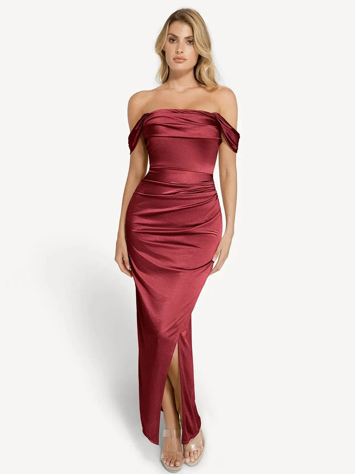 Shapewear Off Shoulder Shine Ruched Sculpting Maxi Dress