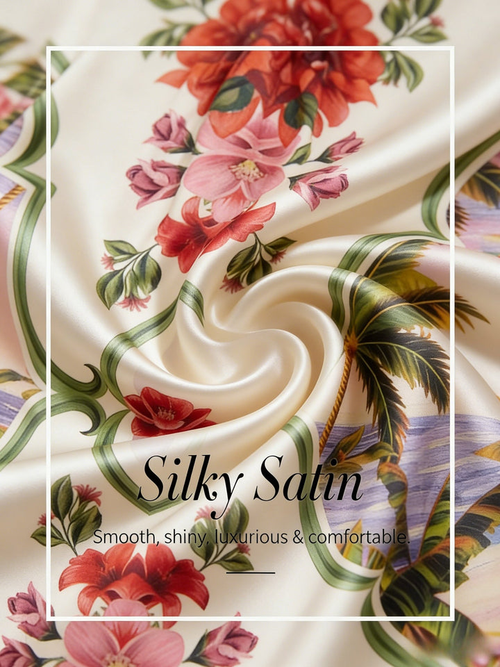 Hawaii Palm Silky Satin Floral Pants