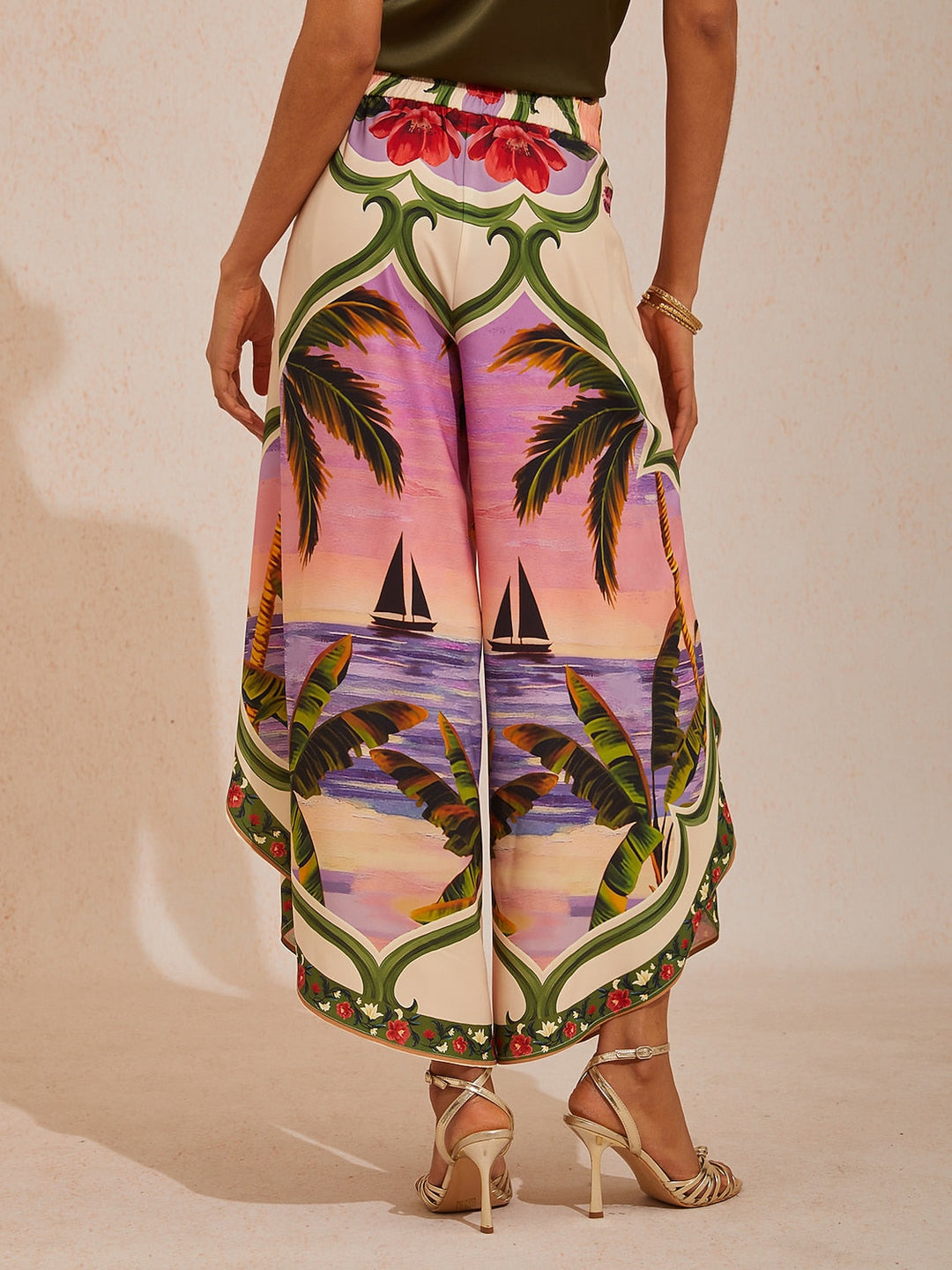 Hawaii Palm Silky Satin Floral Pants