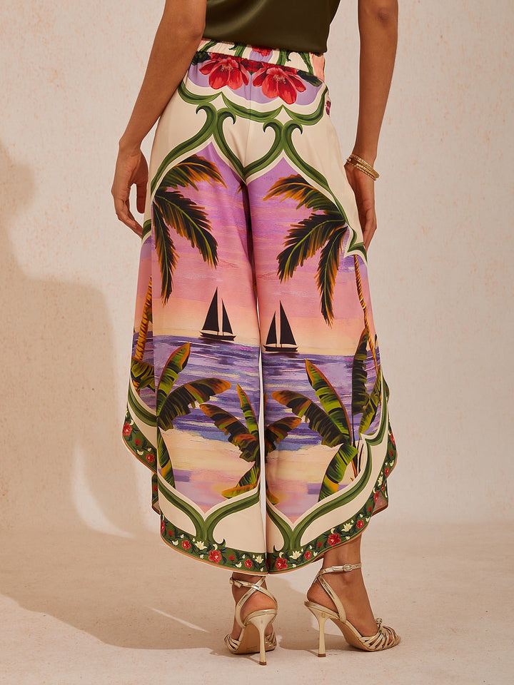 Hawaii Palm Silky Satin Floral Pants