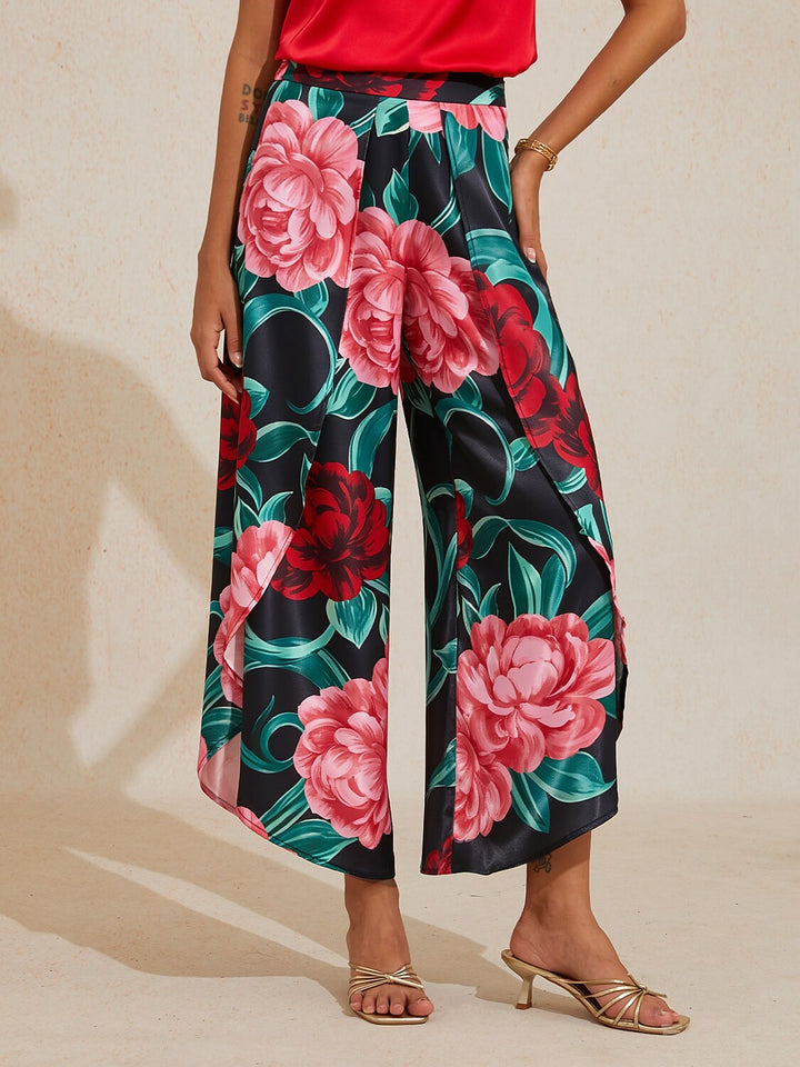 Hawaii Palm Silky Satin Floral Pants
