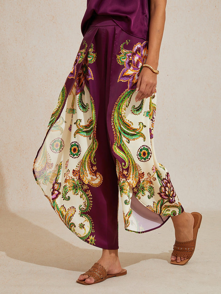 Hawaii Palm Silky Satin Floral Pants