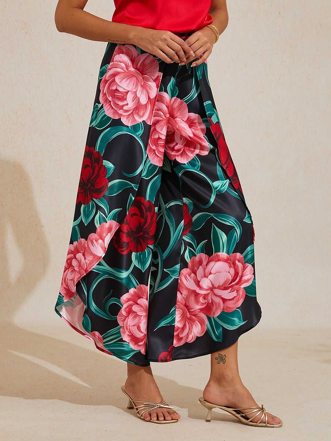Hawaii Palm Silky Satin Floral Pants