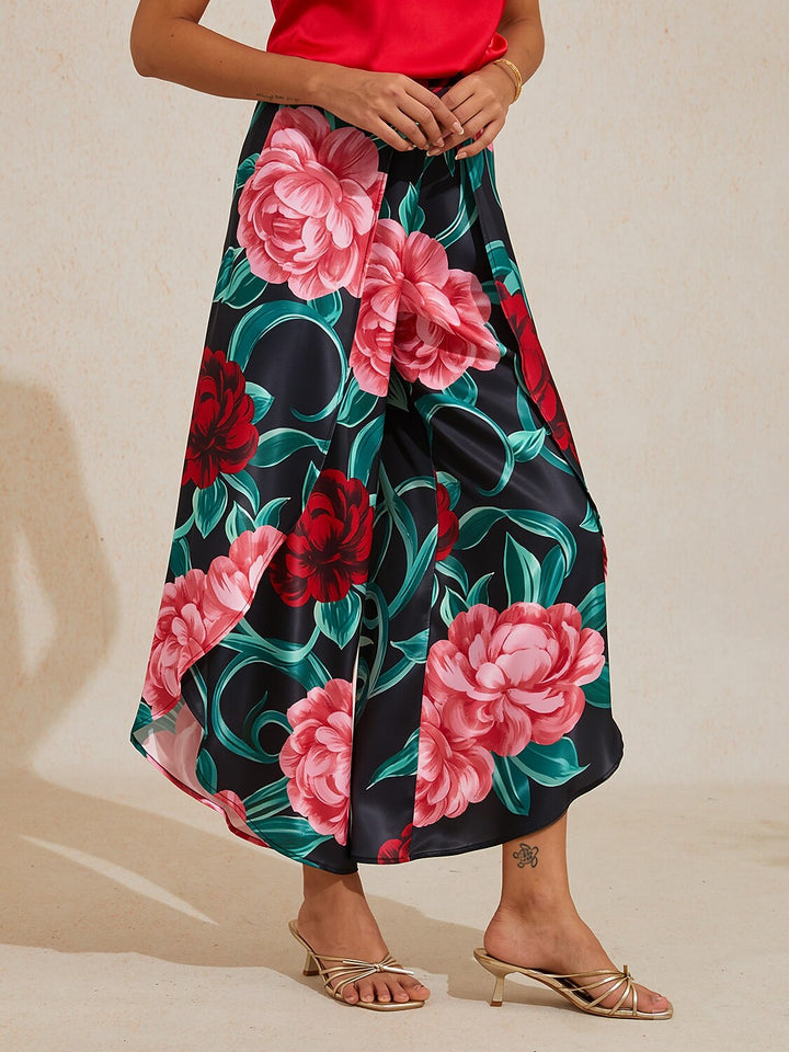 Hawaii Palm Silky Satin Floral Pants