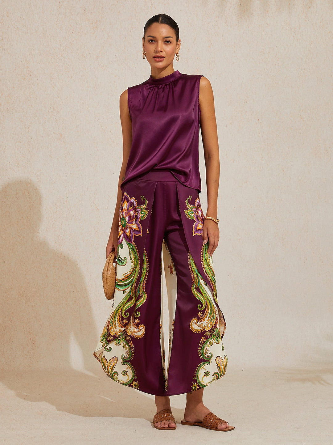 Hawaii Palm Silky Satin Floral Pants