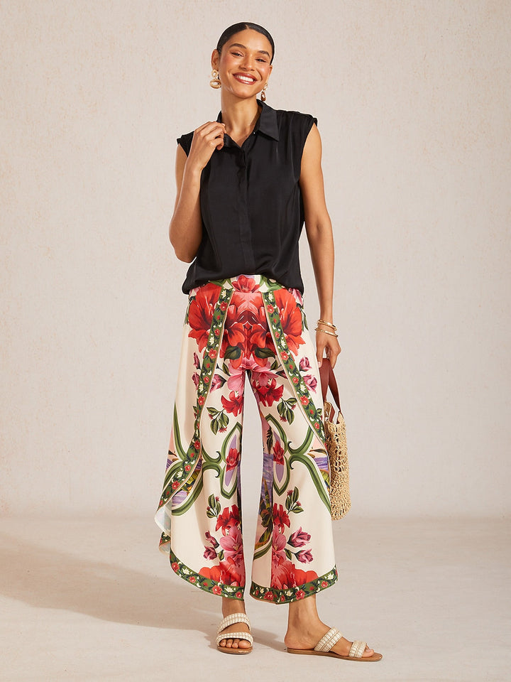 Hawaii Palm Silky Satin Floral Pants