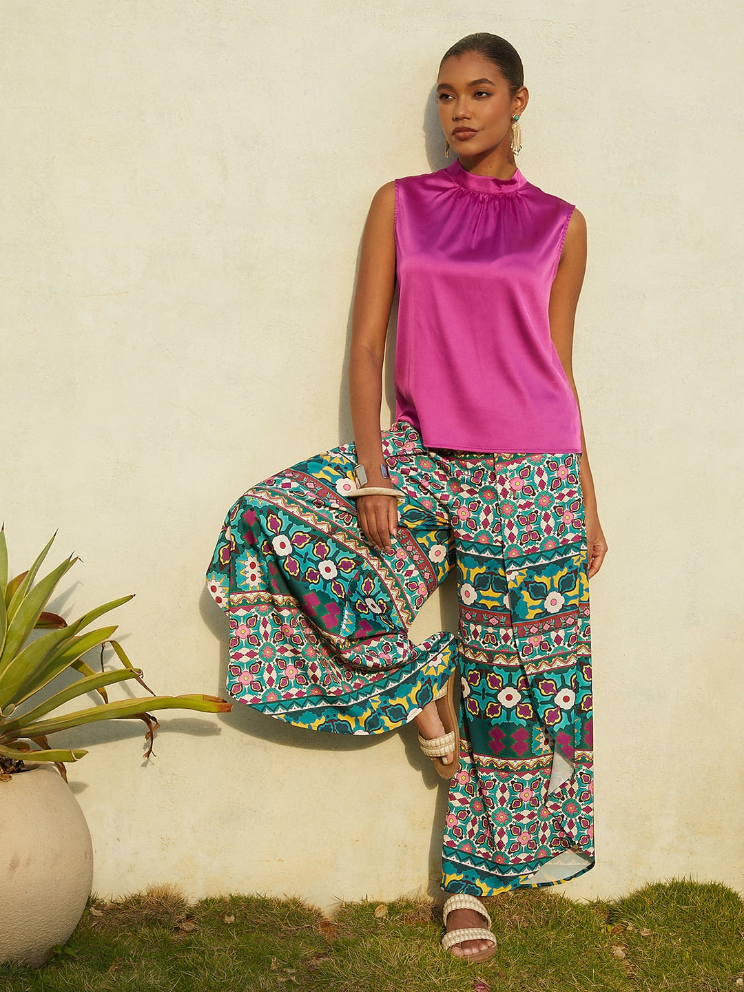 Hawaii Palm Silky Satin Floral Pants