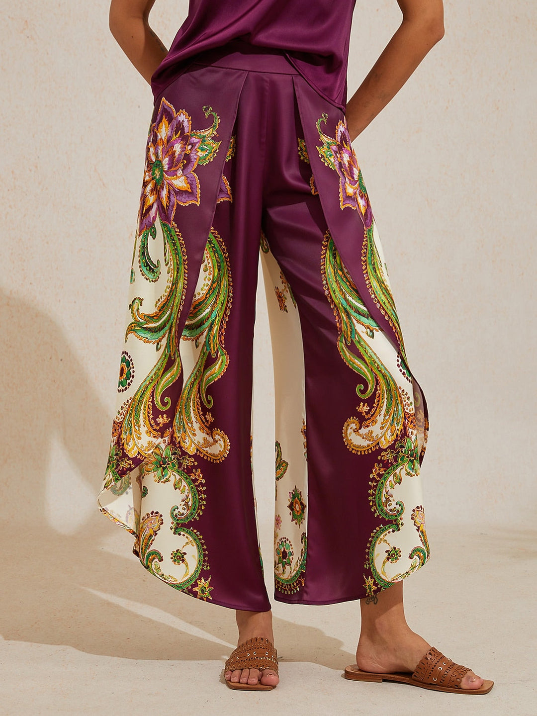 Hawaii Palm Silky Satin Floral Pants