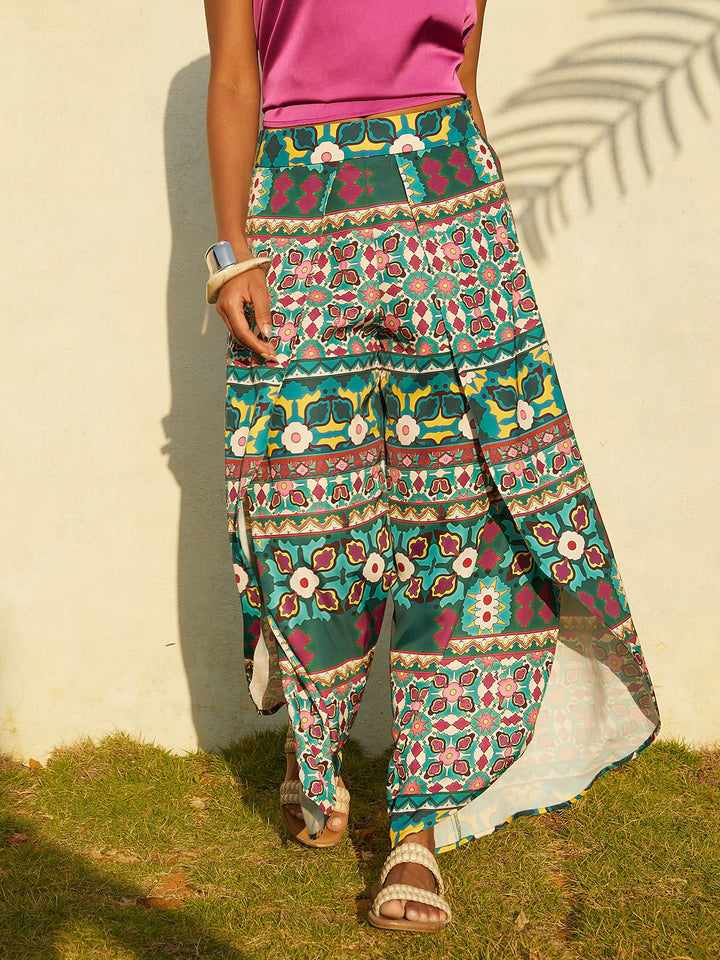 Hawaii Palm Silky Satin Floral Pants